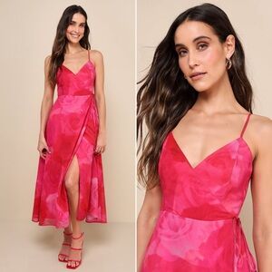 NWOT | Lulus | Radiant Perfection Hot Pink Floral Print Wrap Midi Dress | Sz M